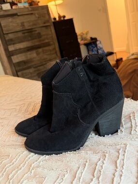 Black Suede Ankle Booties with Block Heel - Women